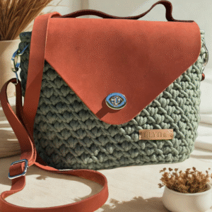 Handmade Crochet Crossbody Bag with Leather Details – Olive