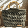 Handmade Crochet Handbag with Bamboo Handles – Deep Olive