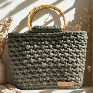 Handmade Crochet Handbag with Bamboo Handles – Deep Olive