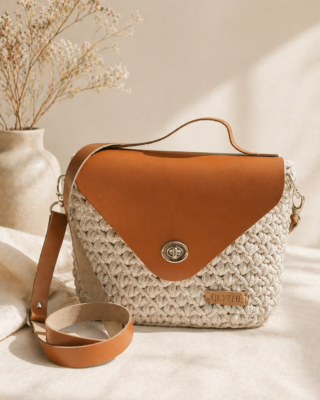 Handmade Crochet Crossbody Bag with Leather Details – Oat