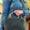 Handmade Crochet Handbag with Bamboo Handles – Deep Olive