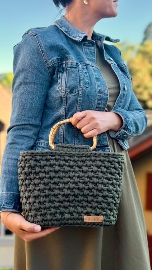 Handmade Crochet Handbag with Bamboo Handles – Deep Olive