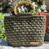 Handmade Crochet Handbag with Bamboo Handles – Deep Olive