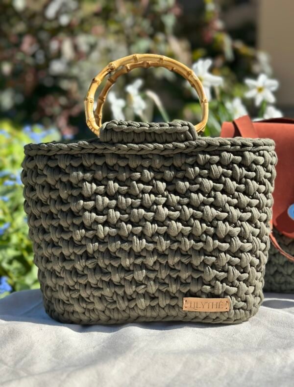 Handmade Crochet Handbag with Bamboo Handles – Deep Olive