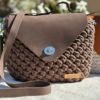 Handmade Crochet Crossbody Bag with Leather Details – Coffee